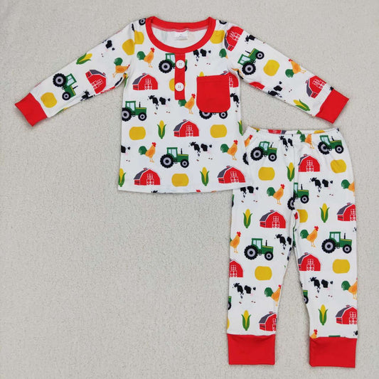 RTS NO MOQ（In Stock ) Farm animals red house tractor corn red and white long sleeves and trousers suit