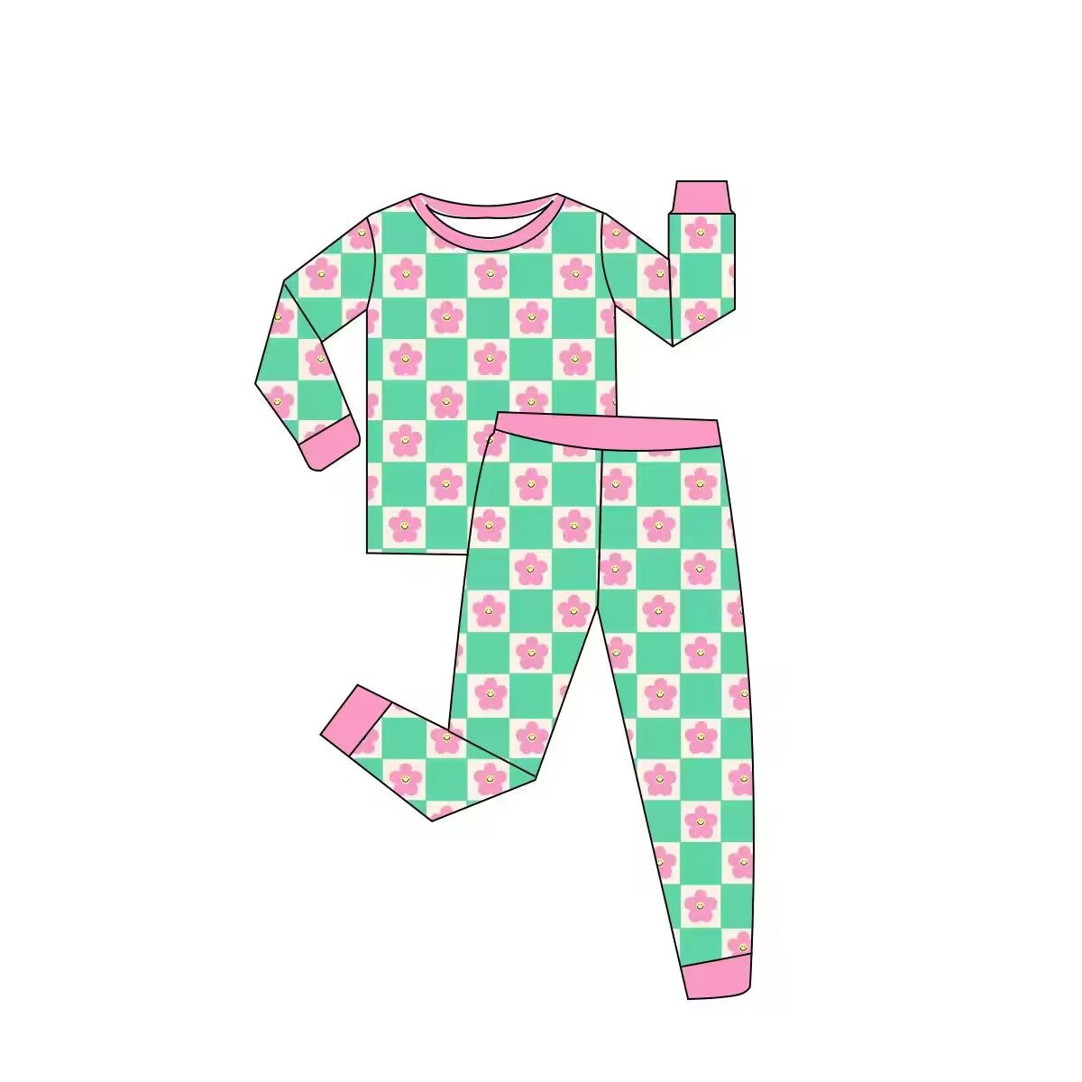 Custom moq 3 eta 6-8weeks Pink and green floral checkerboard long-sleeved suit
