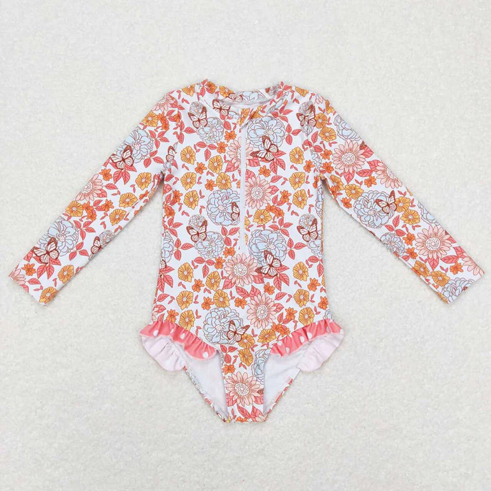 RTS NO MOQ Baby Girls Summer Long Sleeve Flowers One Pieces Swimsuits