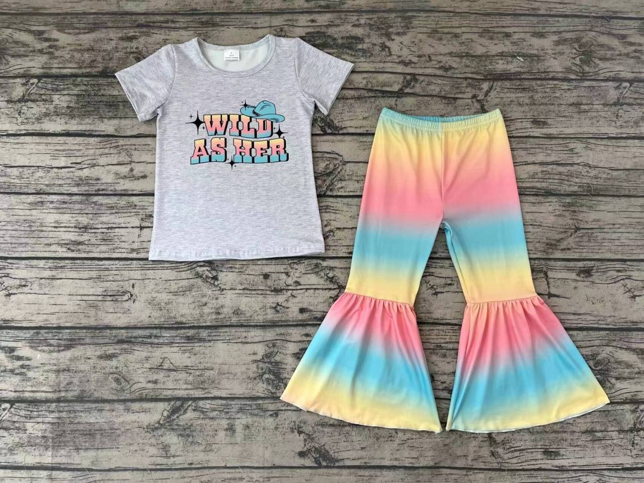 wild as her gray short-sleeved colorful trouser suit