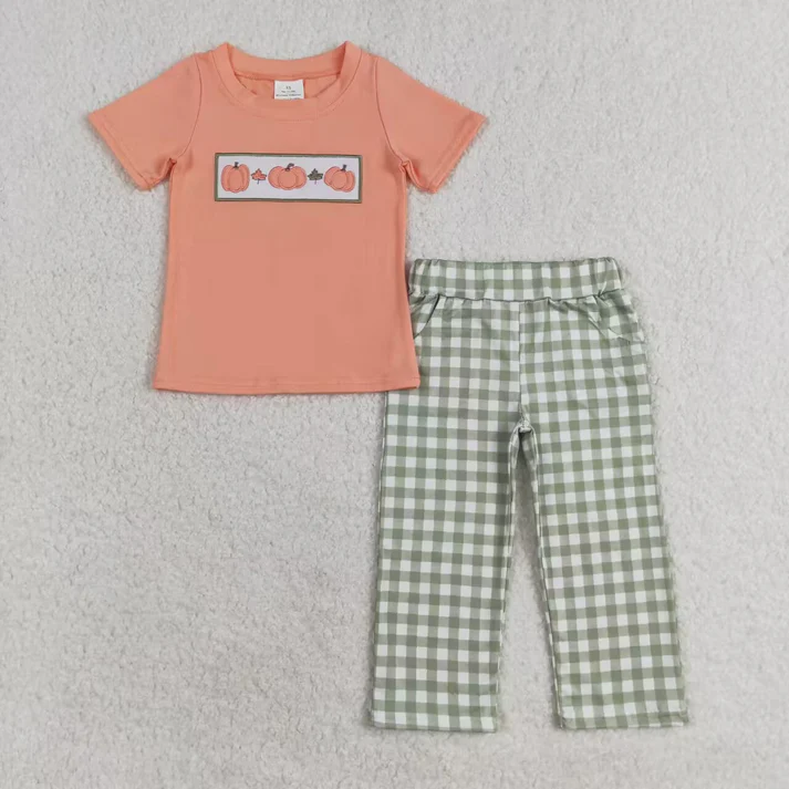 RTS NO MOQ Kids Fall Pumpkins Orange Sibling Rompers Outfits Clothes Sets