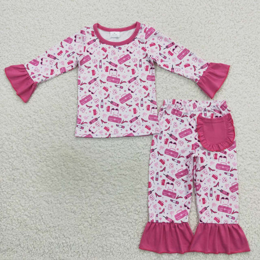 GLP0701 girls rose pink lace long sleeve trousers suit