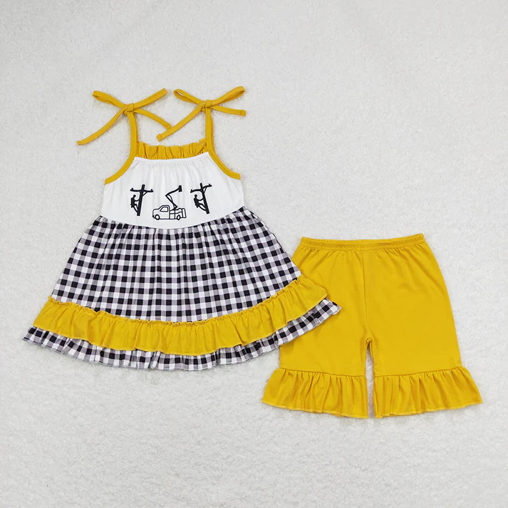 RTS NO MOQ Baby Girls Line Man Black Checkered Sibling Rompers Clothes Sets print
