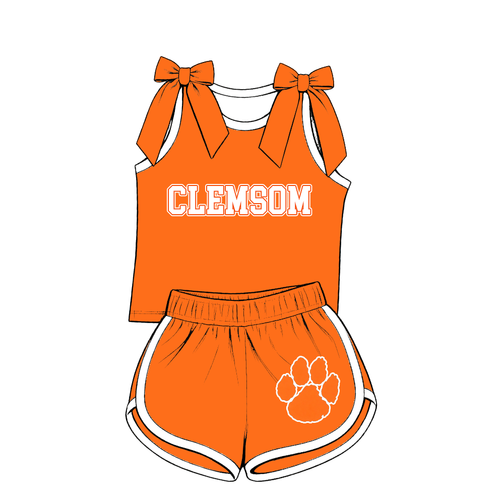 custom moq 5 mix size RYWR01 Baby Girls Orange Bow Sleeveless Top Shorts Summer Set Casual Clothes