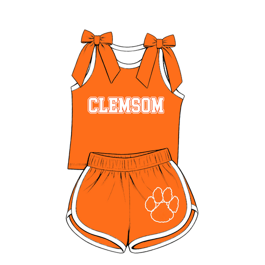 custom moq 5 mix size RYWR01 Baby Girls Orange Bow Sleeveless Top Shorts Summer Set Casual Clothes