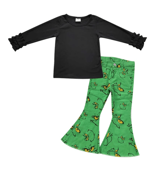 6 A16-4 black long sleeve top+P0230 Cartoon grinch green denim trousers with smiley face