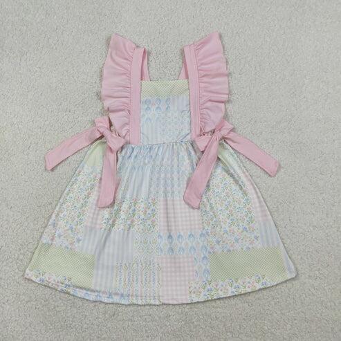 RTS NO MOQ Sibling Baby Girls Checked Tunic And Ruffle Shorts Set Floral Knee-Length Dress Rompers for Little Girls