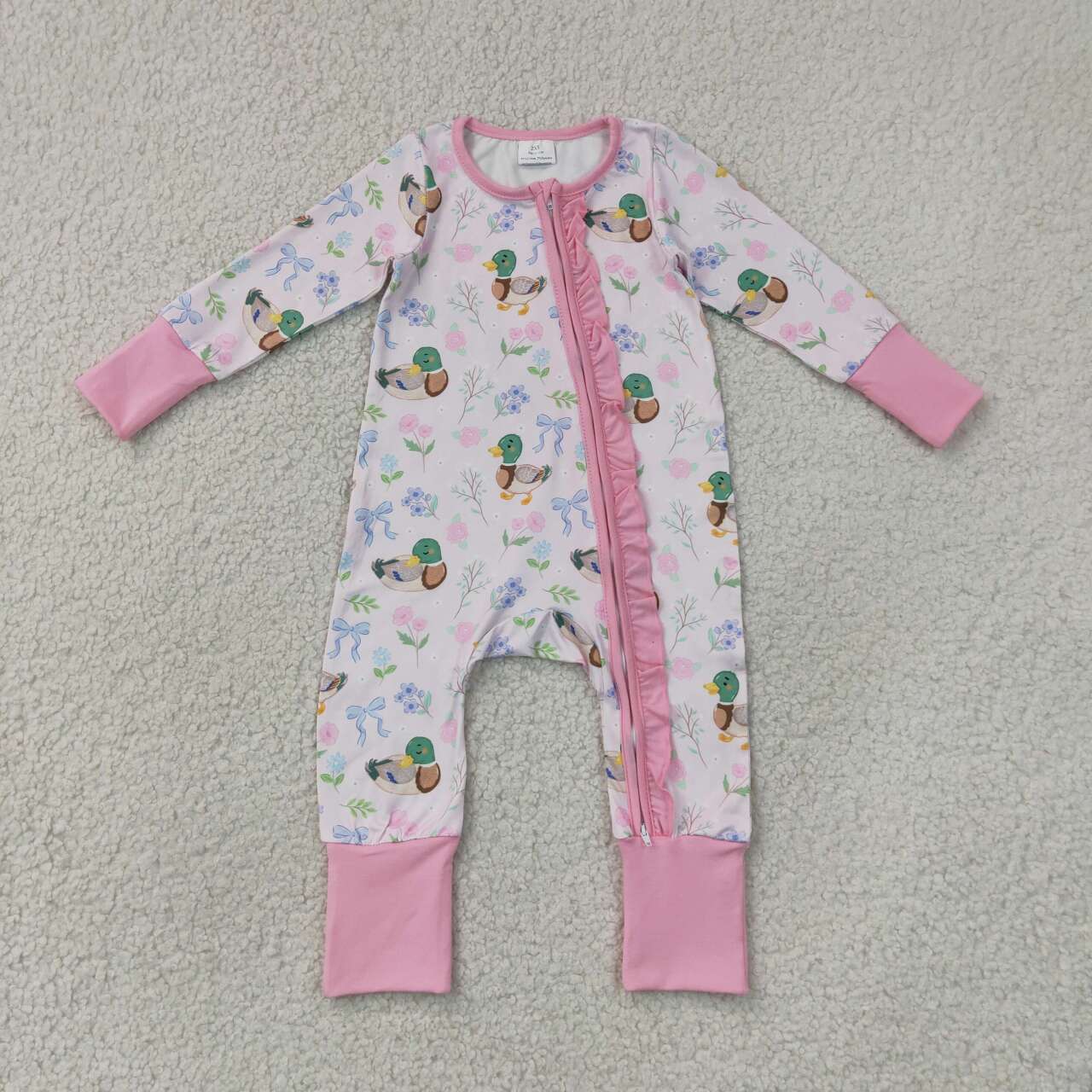 RTS NO MOQ milk silk LR3071 Baby Girls Cute Floral Duck Long Sleeve Two Way Ruffle Zip Convertible Rompers