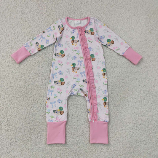 RTS NO MOQ milk silk LR3071 Baby Girls Cute Floral Duck Long Sleeve Two Way Ruffle Zip Convertible Rompers
