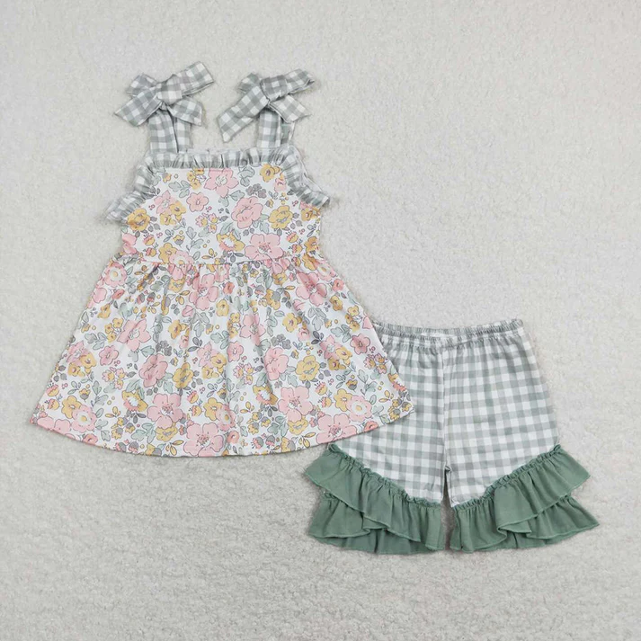 RTS Baby Girls Spring Green Pink Flowers Tunic Ruffle Shorts Outfits Rompers Clothing Sets
