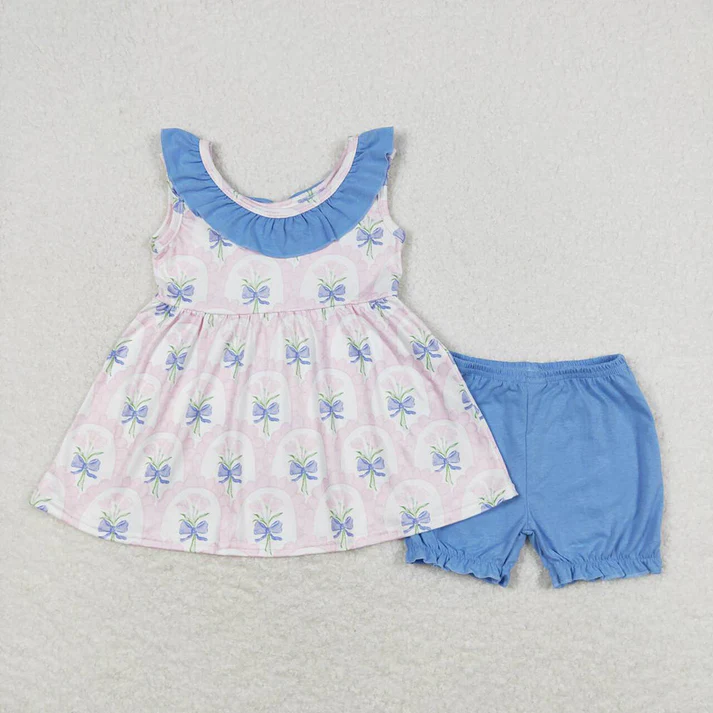 RTS Baby Girls Pink Flowers Bunches Sibling Rompers Clothes Sets Flower girl match