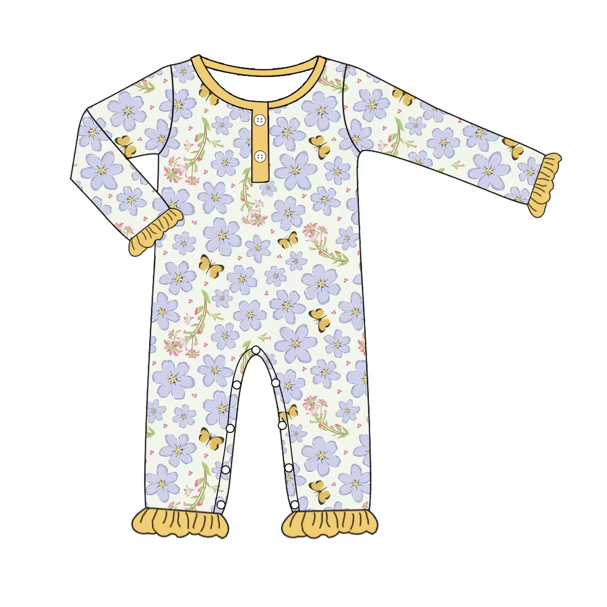 Custom moq 3 eta 6-8 weeks Light purple flower yellow pleated loose cuffs mint green long sleeve romper