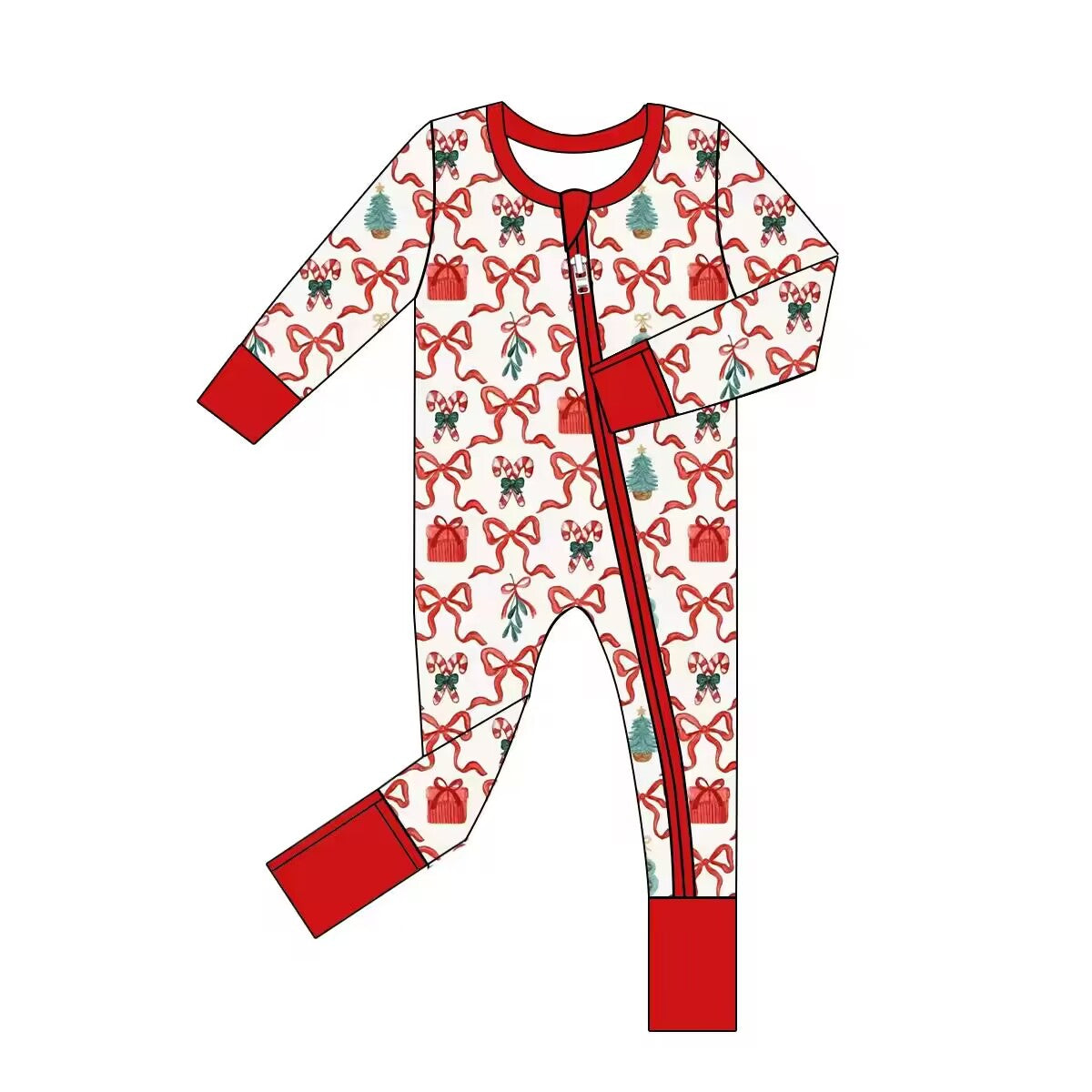 Custom moq 3 eta 6-8 weeks Red Bow-Christmas Cane Long Zipper Climbing Suit