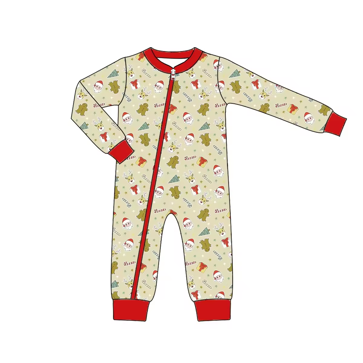 Custom moq 3 eta 6-8 weeks Green Cookie Bear-Santa Claus Pattern Long Sleeve Zipper Climbing Suit