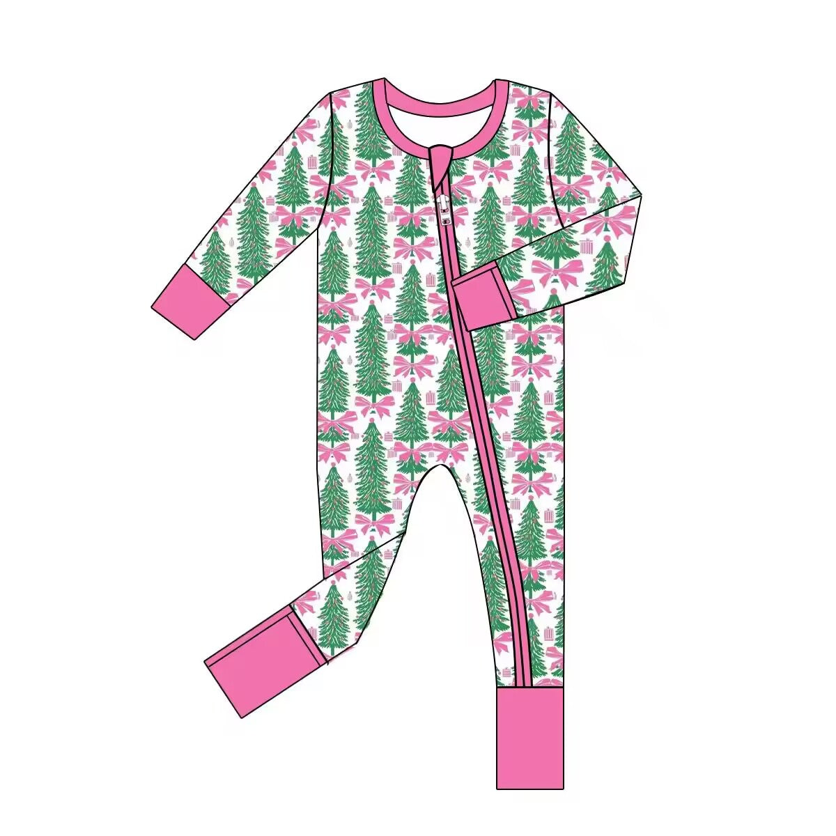 Custom moq 3 eta 6-8 weeks Green Christmas Tree-Pink Bow Long Zipper Climbing Suit