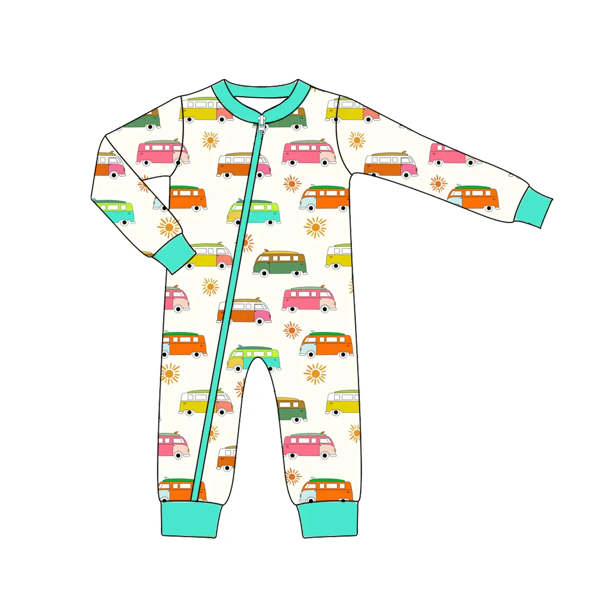 Custom moq 3 eta 7/8week moq 5 eta /4/5week Sun & School Bus Pattern Lake Green Long Sleeve Zip-Up Romper
