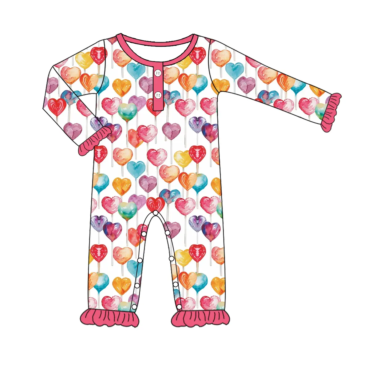 Custom moq 3 eta 6-8 weeks Oil painting style three-dimensional heart pattern pink pleated neckline-cuffs long zippered crawling suit