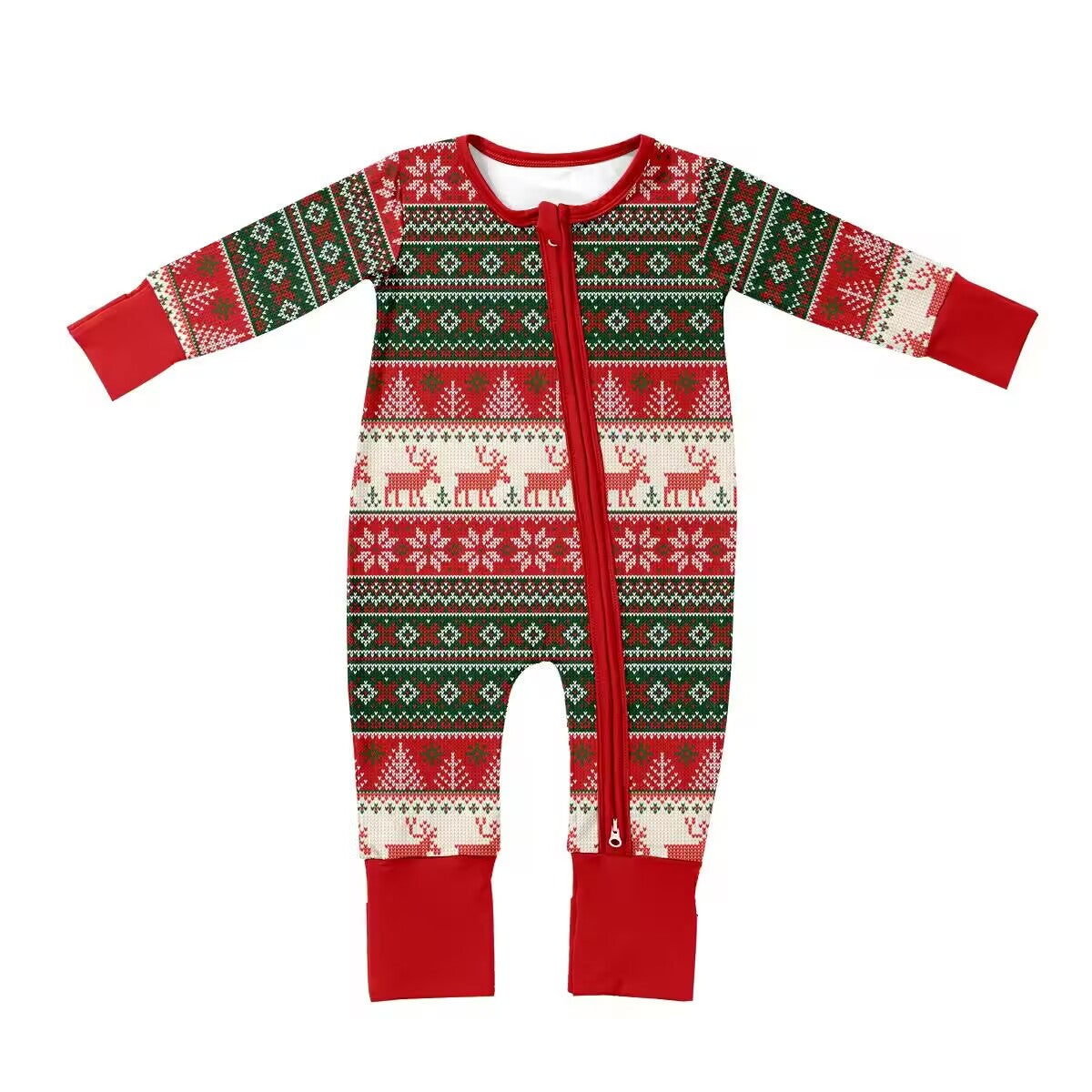 Custom moq 3 eta 6-8 weeks Red and green knitted pattern ethnic Christmas style long sleeve zip-up jumpsuit