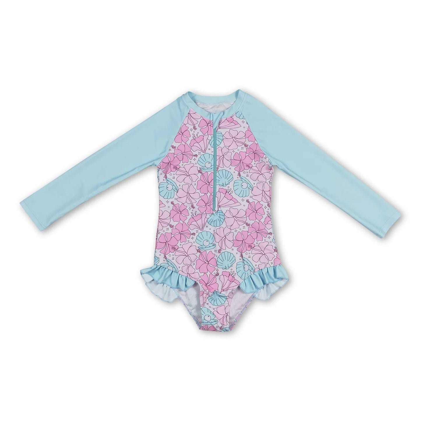 RTS NO MOQ Sibling milk silk Baby Girls Pink Floral Print Long Sleeve Two Piece Swimsuit One Pieces Swimsuits