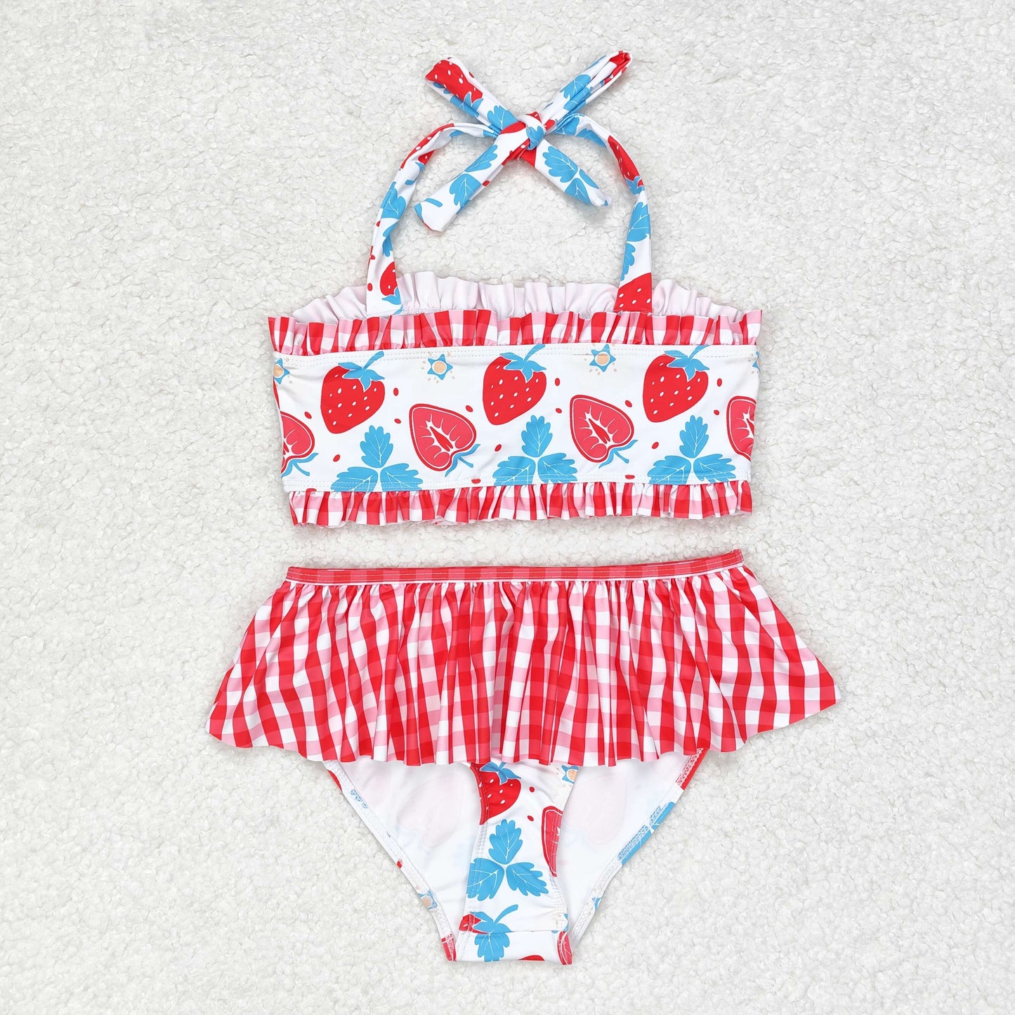 rts no moq S0316 Strawberry red plaid swimsuit set