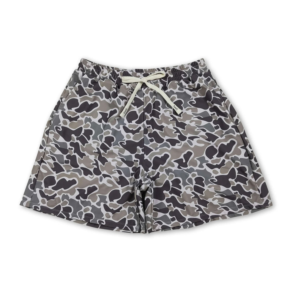 RTS NO MOQ Sibling milk silk Adult Men Camo Print Swim Trunk Shorts Summer Beach Swimwear Bottom