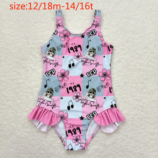 S0349 taylor swift 1989 rep floral plaid pink lace one-piece swimsuit