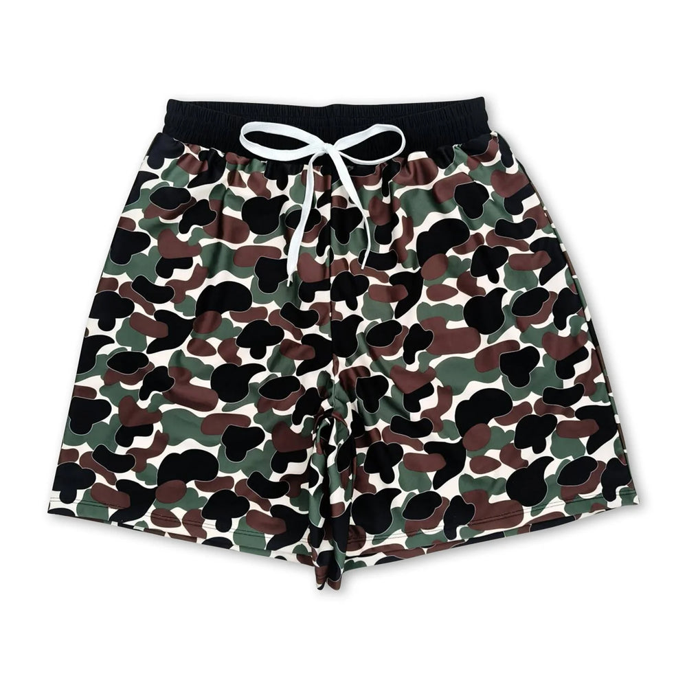 RTS NO MOQ Sibling milk silk Adult Men Camo Print Swim Trunk Shorts Summer Beach Swimwear Bottom