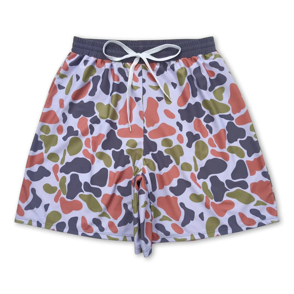 RTS NO MOQ Sibling milk silk Adult Men Camo Print Swim Trunk Shorts Summer Beach Swimwear Bottom