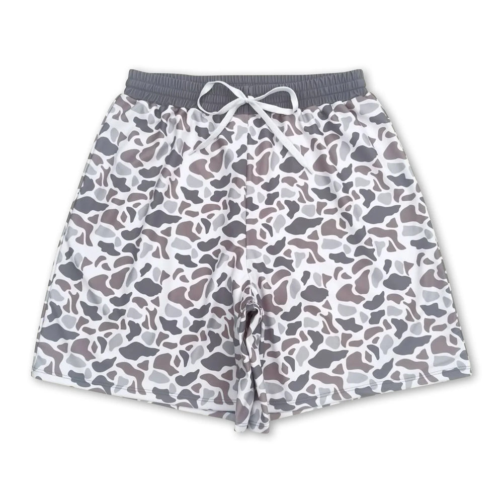 RTS NO MOQ Sibling milk silk Adult Men Camo Print Swim Trunk Shorts Summer Beach Swimwear Bottom