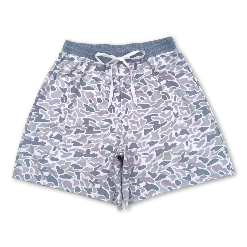 RTS NO MOQ Sibling milk silk Adult Men Camo Print Swim Trunk Shorts Summer Beach Swimwear Bottom