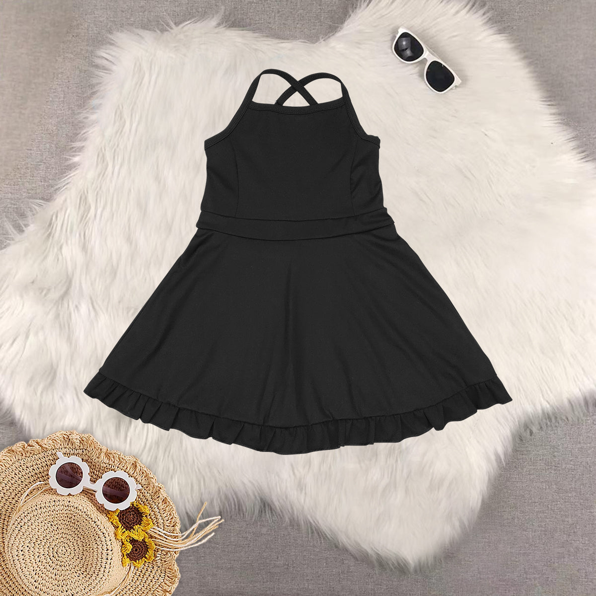 RTS NO MOQ Sibling baby girl clothes black sleeveless skirt yoga set and yoga dresses