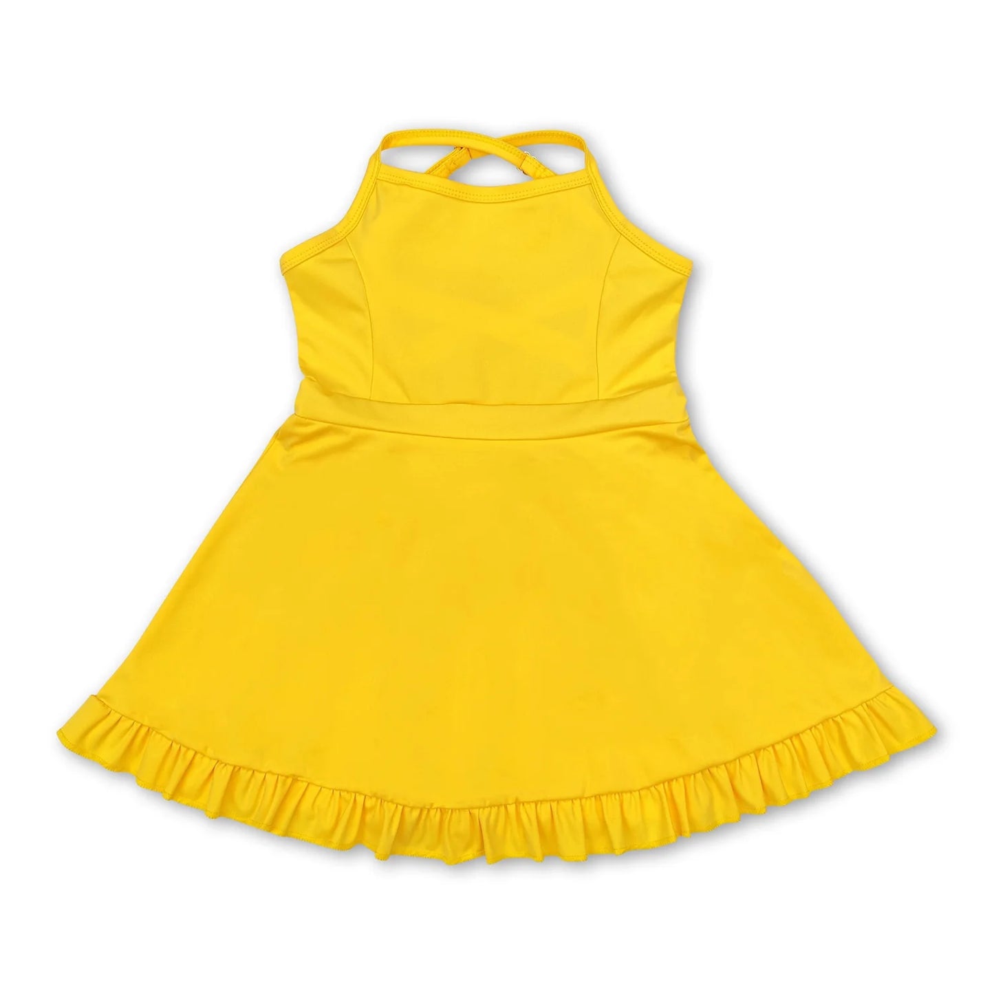 RTS NO MOQ Sibling yoga fabric cotton Baby Girls Solid Color Sleeveless Strap Ruffle Yoga Dresses