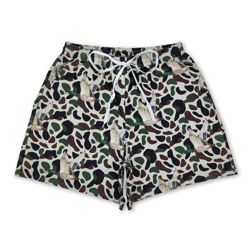 RTS NO MOQ Sibling milk silk Adult Men Camo Print Swim Trunk Shorts Summer Beach Swimwear Bottom