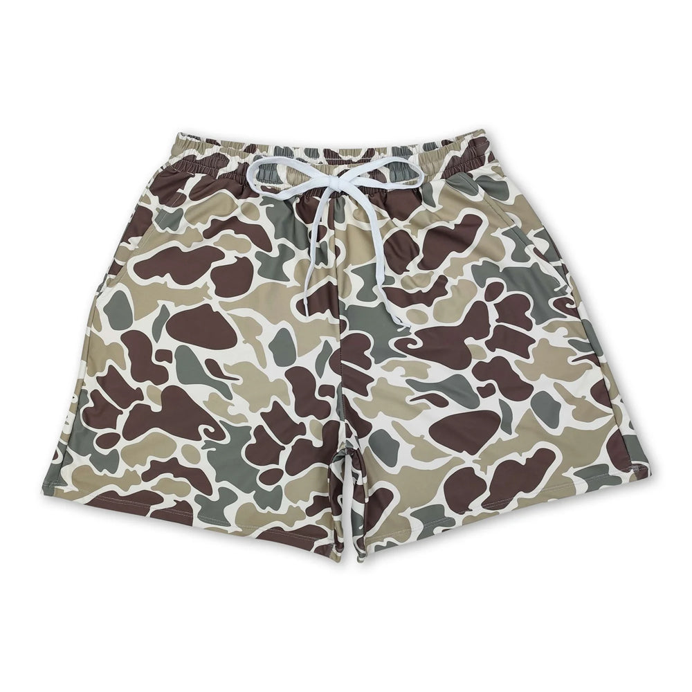RTS NO MOQ Sibling milk silk Adult Men Camo Print Swim Trunk Shorts Summer Beach Swimwear Bottom
