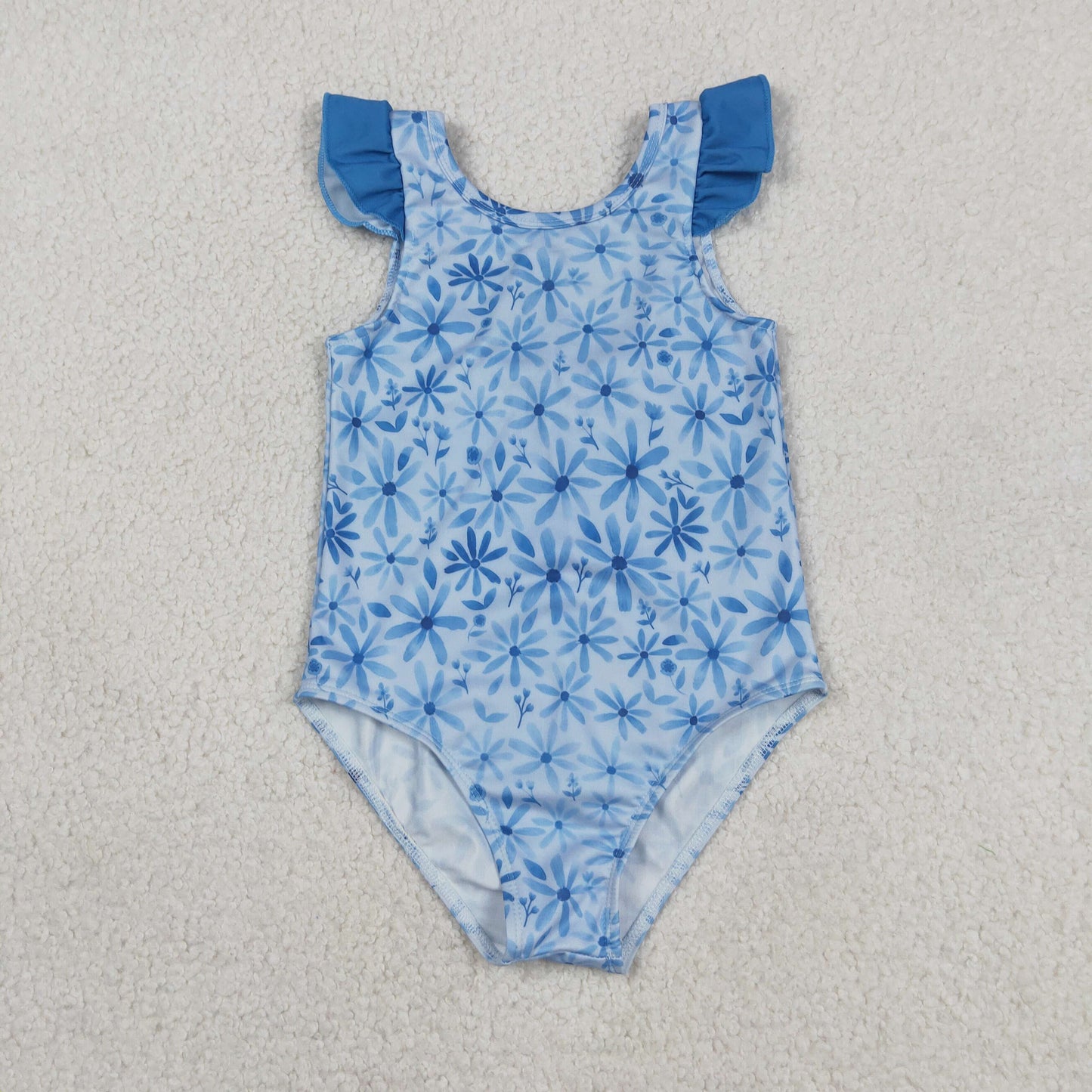 RTS NO MOQ milk silk S0515 Baby Girls Summer Cute Flutter Sleeve Blue Flowers One Piece Bummies Swimsuits