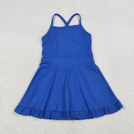 RTS NO MOQ S0551 Baby Girls Royal Blue Knit Knee-Length Active Wear Athletic Dresses