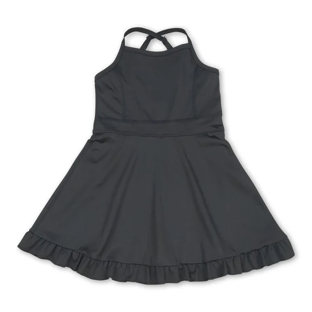 RTS NO MOQ Sibling yoga fabric cotton Baby Girls Fashion Solid Color Sleeveless Strap Knee Length Dresses