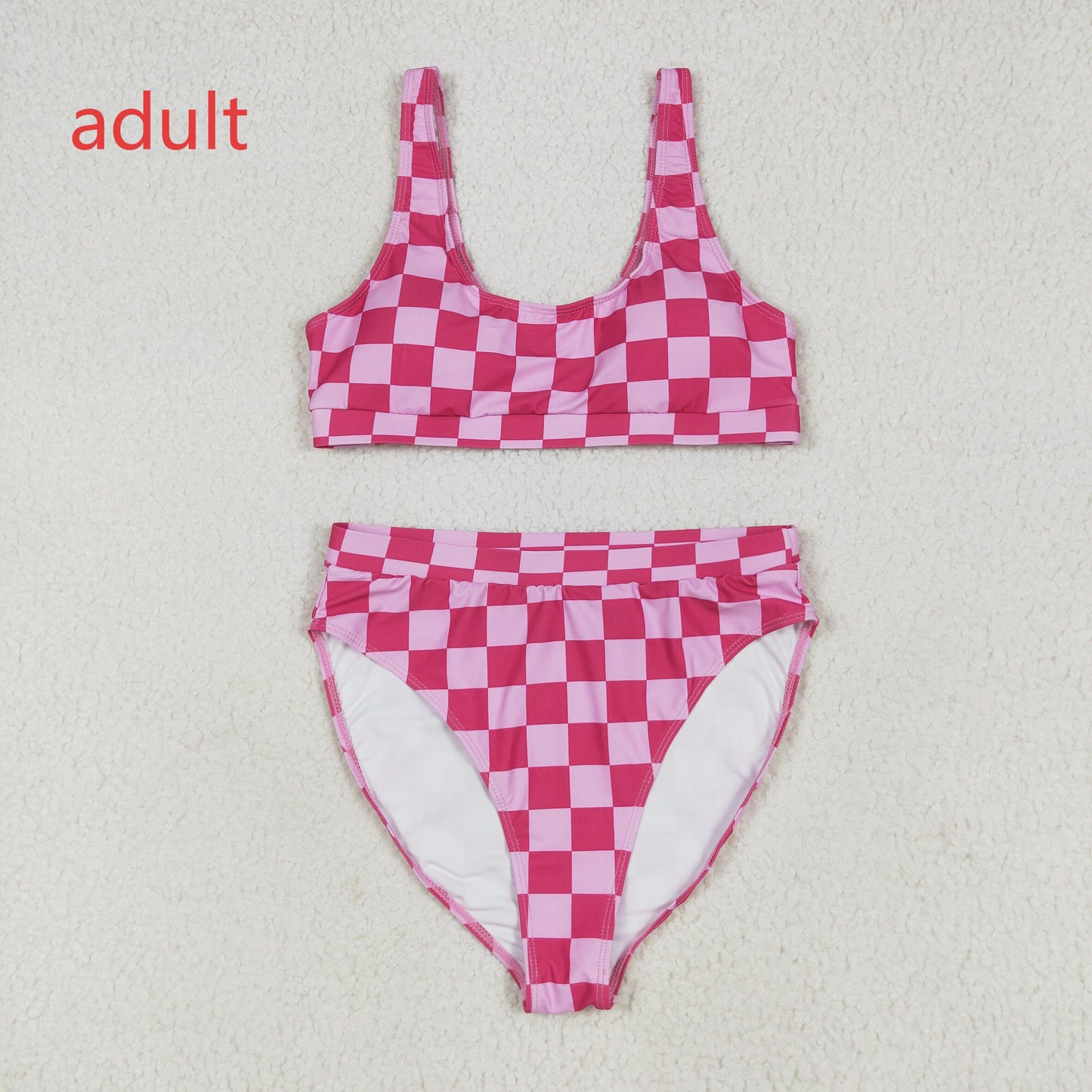 RTS NO MOQ S0560+S0561 Adult female rose red plaid swimsuit vest briefs sets