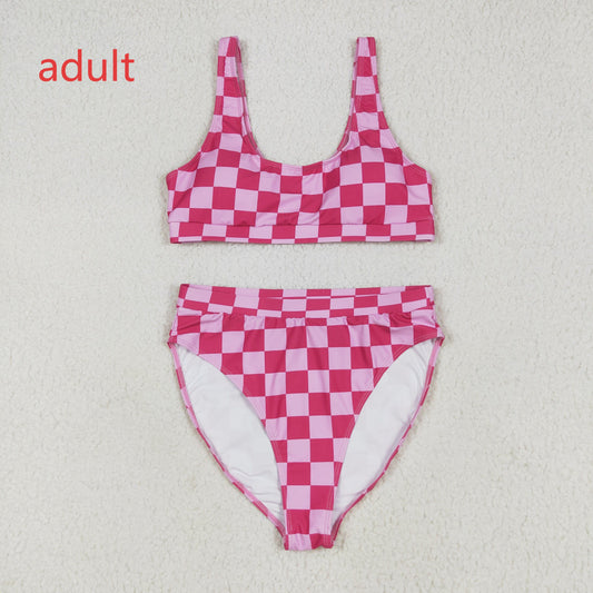 RTS NO MOQ S0560+S0561 Adult female rose red plaid swimsuit vest briefs sets