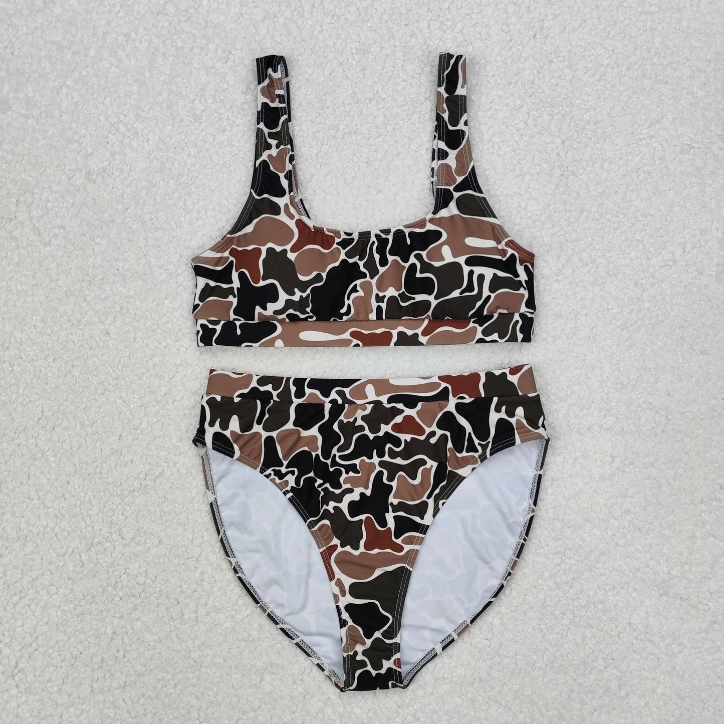 Best Sell RTS Brown Camo Bummies 2pcs Bikini Swimsuits Sets Women's Flattering High Waist Bikini Bottoms with Removable Cups And Adjustable Straps