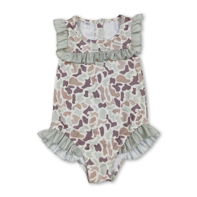 RTS NO MOQ Sibling Baby Girls Southern Hunting Camo Ruffle Swimming Swimsuits