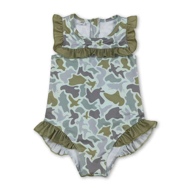 RTS NO MOQ Sibling milk silk Baby Girls Casual Camo Ruffle One Piece Swimsuits