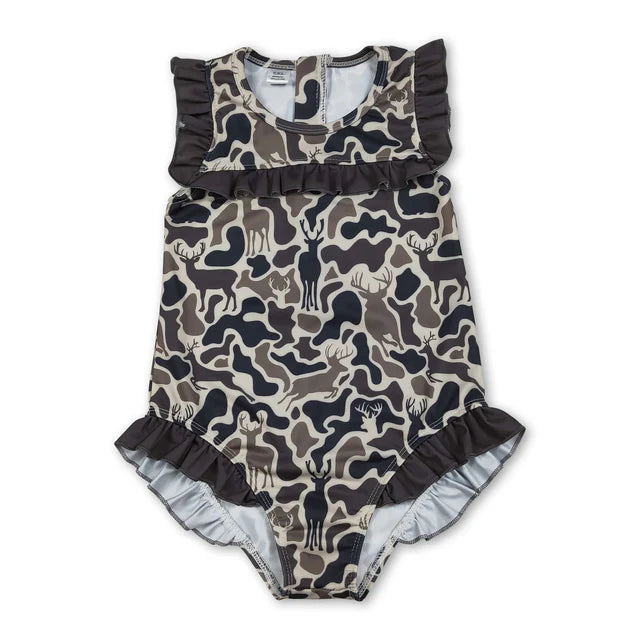RTS NO MOQ Sibling Baby Girls Southern Hunting Camo Ruffle Swimming Swimsuits