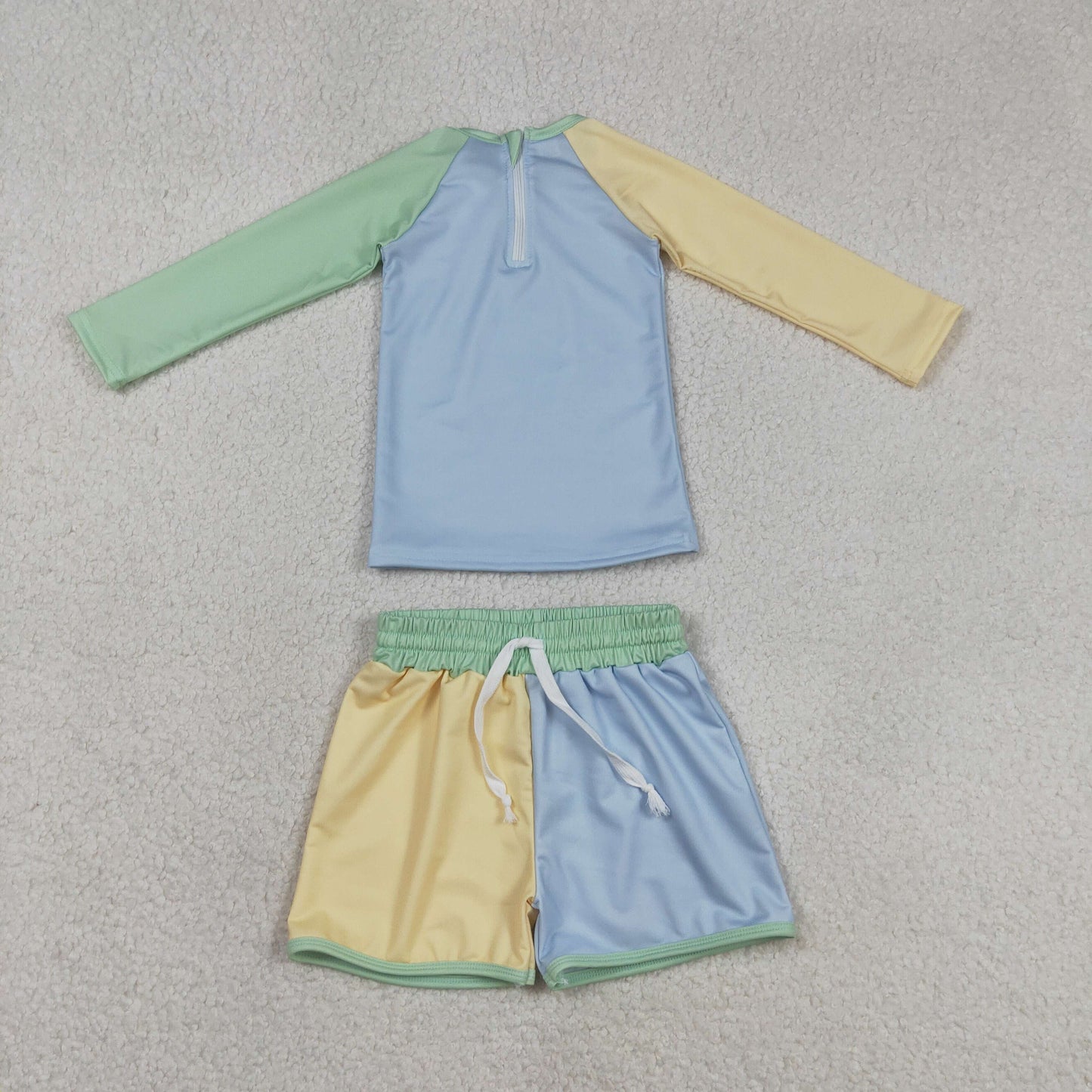 RTS NO MOQ Sibling Baby Boys Long Sleeve Shirt Top with Pockets And Shorts Swimsuit Set