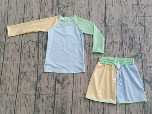 (Sample) No moq S0634 Swimsuit Baby Boys Long Sleeve  Set Yellow Aqua Blue Top with Shorts Comfortable Clothes for Babies