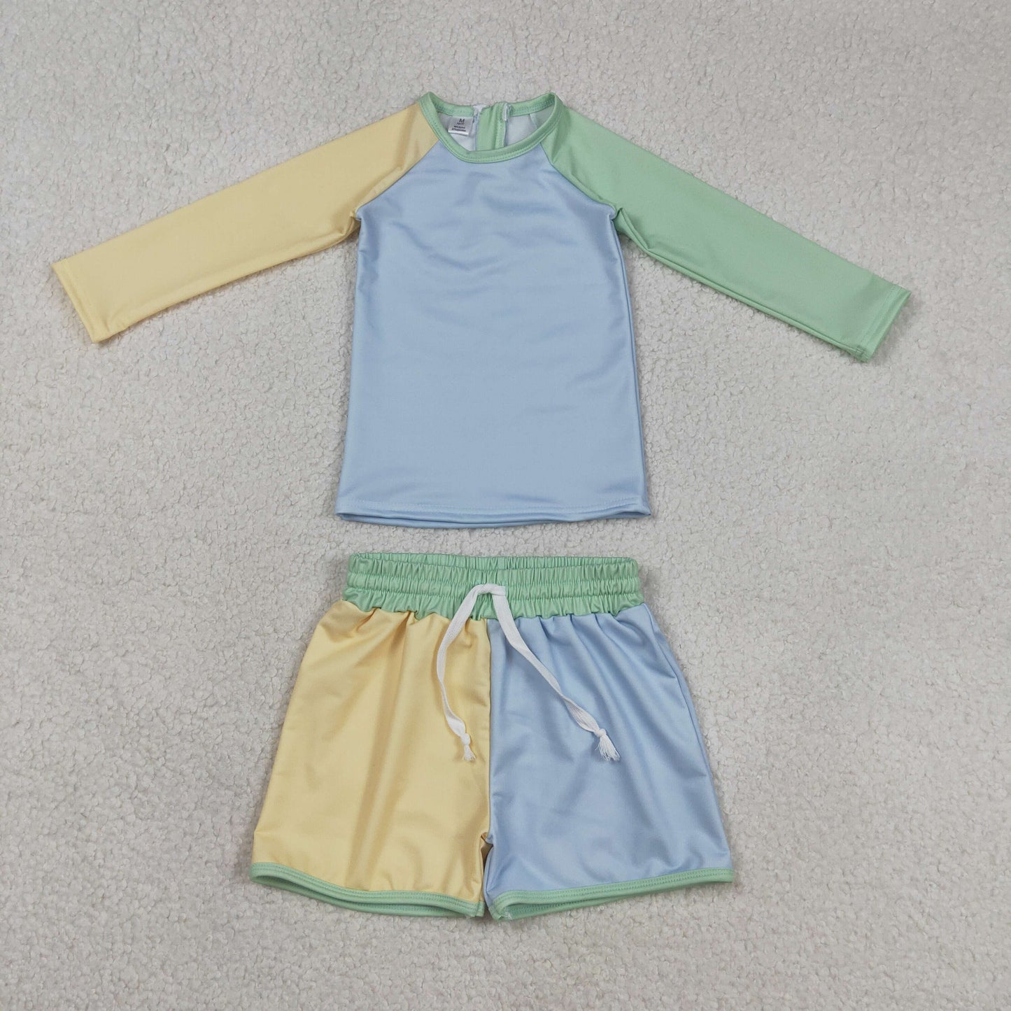 RTS NO MOQ S0634 Baby Boys Long Sleeve Swimsuit Yellow Aqua Blue Shirts Top Shorts Set for Infants