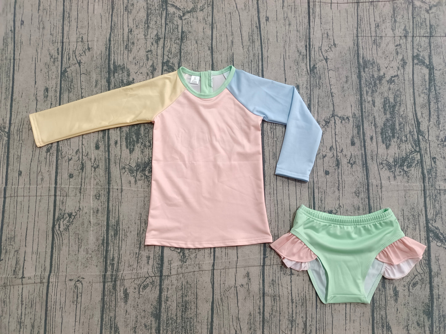 (Sample) No moq S0637 Swimsuit Baby Girls 2-Piece Long Sleeve Yellow Aqua Blue Pink Top with Bummies