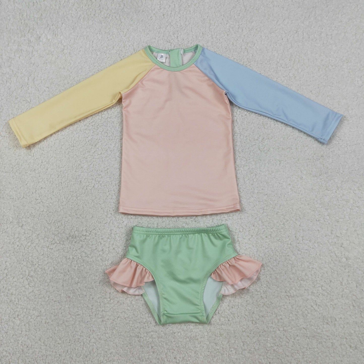RTS NO MOQ S0637 Baby Girls Patchwork Swimsuits Yellow Aqua Blue Pink Ruffle Top Bummies Outfit