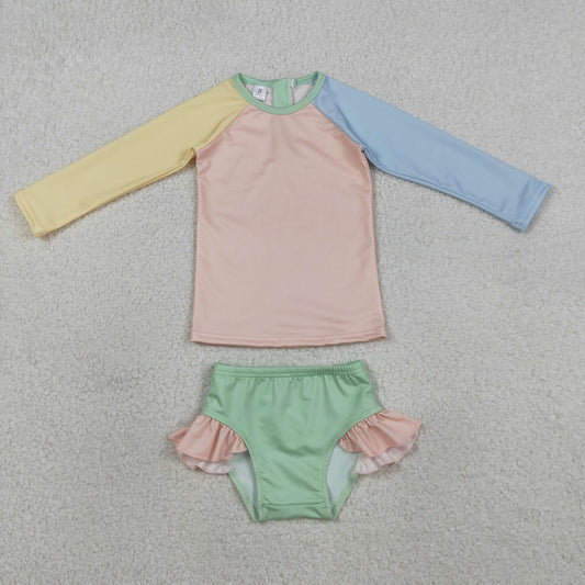 RTS NO MOQ S0637 Baby Girls Patchwork Swimsuits Yellow Aqua Blue Pink Ruffle Top Bummies Outfit