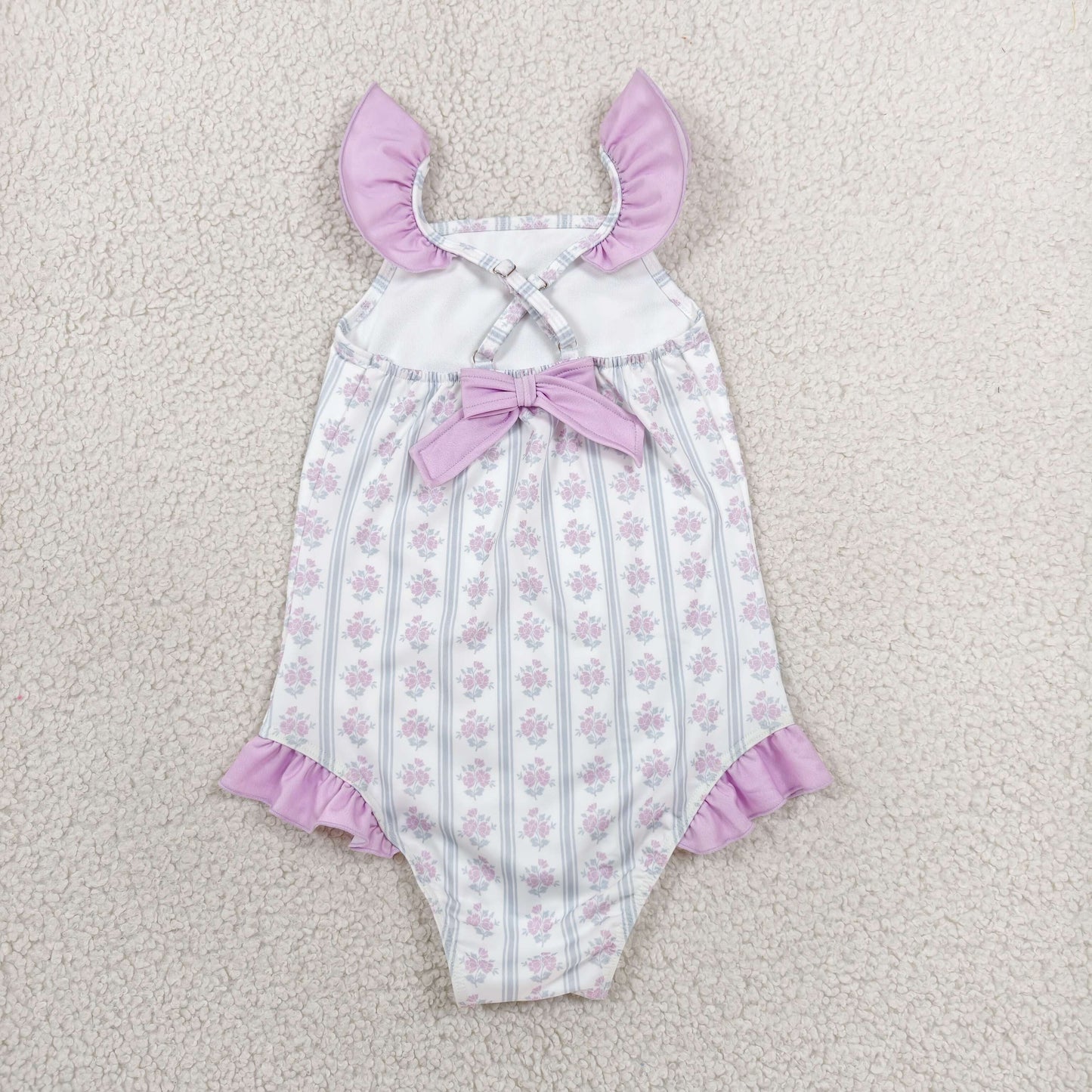 RTS NO MOQ milk silk S0643 Baby Girls Flower Stripe Print Back Bow Sleeveless One Piece Romper Swimsuits